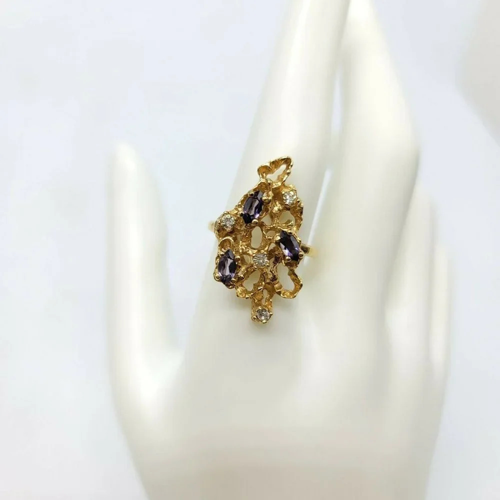 Purple Glass Rhinestone 14KT HGE Gold Electroplate NOS Vintage Ring Size 9.75